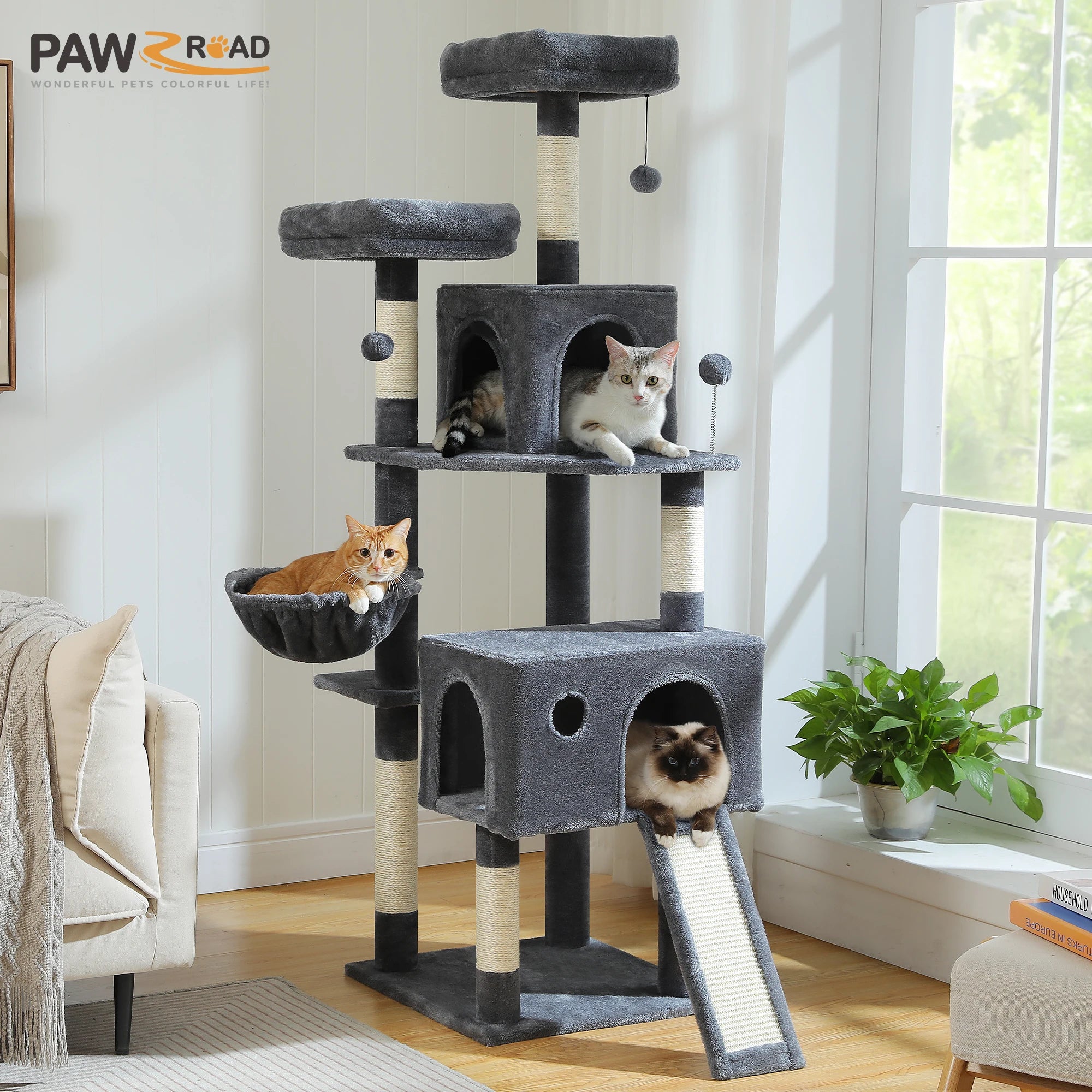 Stable&Safe Multi-Level Cat Tree Tower with Cozy Condo,Scratching Posts&Boards,Perches,Hammock,Pompoms for Active Cats,Cat Toys