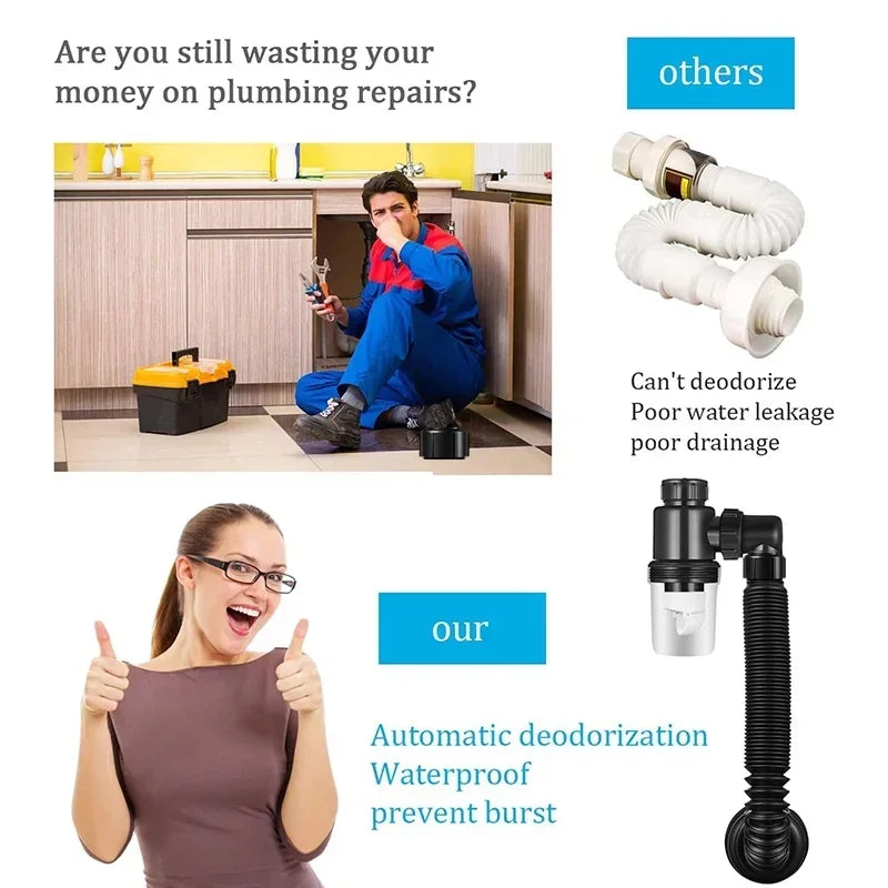 Flexible P-Trap for 30-32mm Drain Pipes Kitchen Sink Washbasin Drainage Pipe Insect-proof Odor-proof Blockage-proof Leak-proof