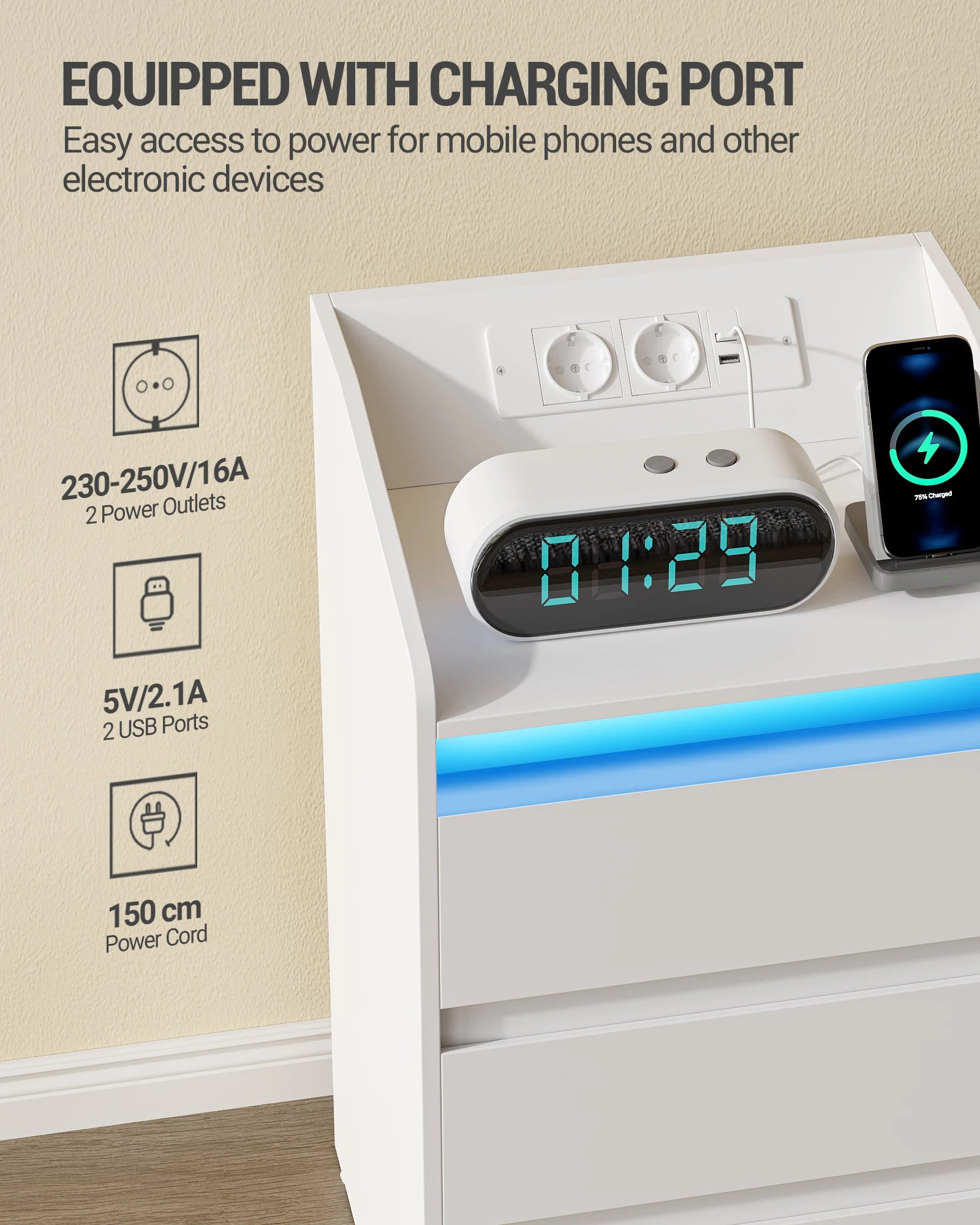 Hzuaneri Table de chevet avec 3 tiroirs, table d'appoint avec station de recharge et LED, 2 ports AC et 2 USB pour chambre à coucher, salon