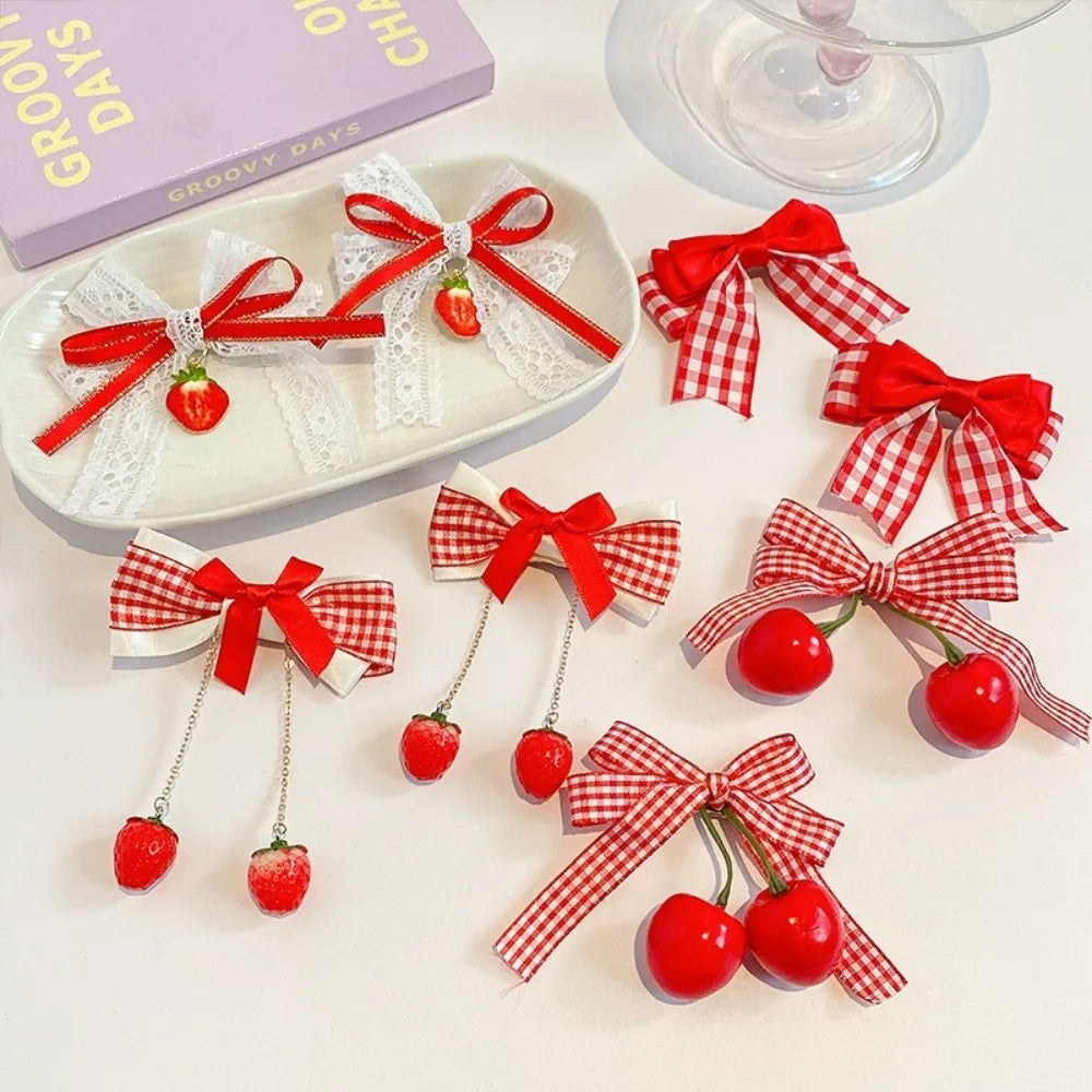 1 paire pince à cheveux cerise rouge barrettes mignonnes couvre-chefs tissu nœud fraise épingles à cheveux côté nœud fleur de tête épingles à cheveux filles