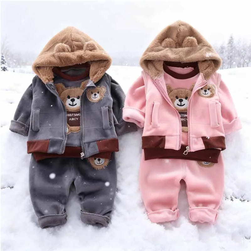Boys Girls Fleece Sets Winter Warm Suit Children Cartoon Coat Tops Pants 3Piece Baby Hooded Autumn Outfits Kids Fashion Clothes