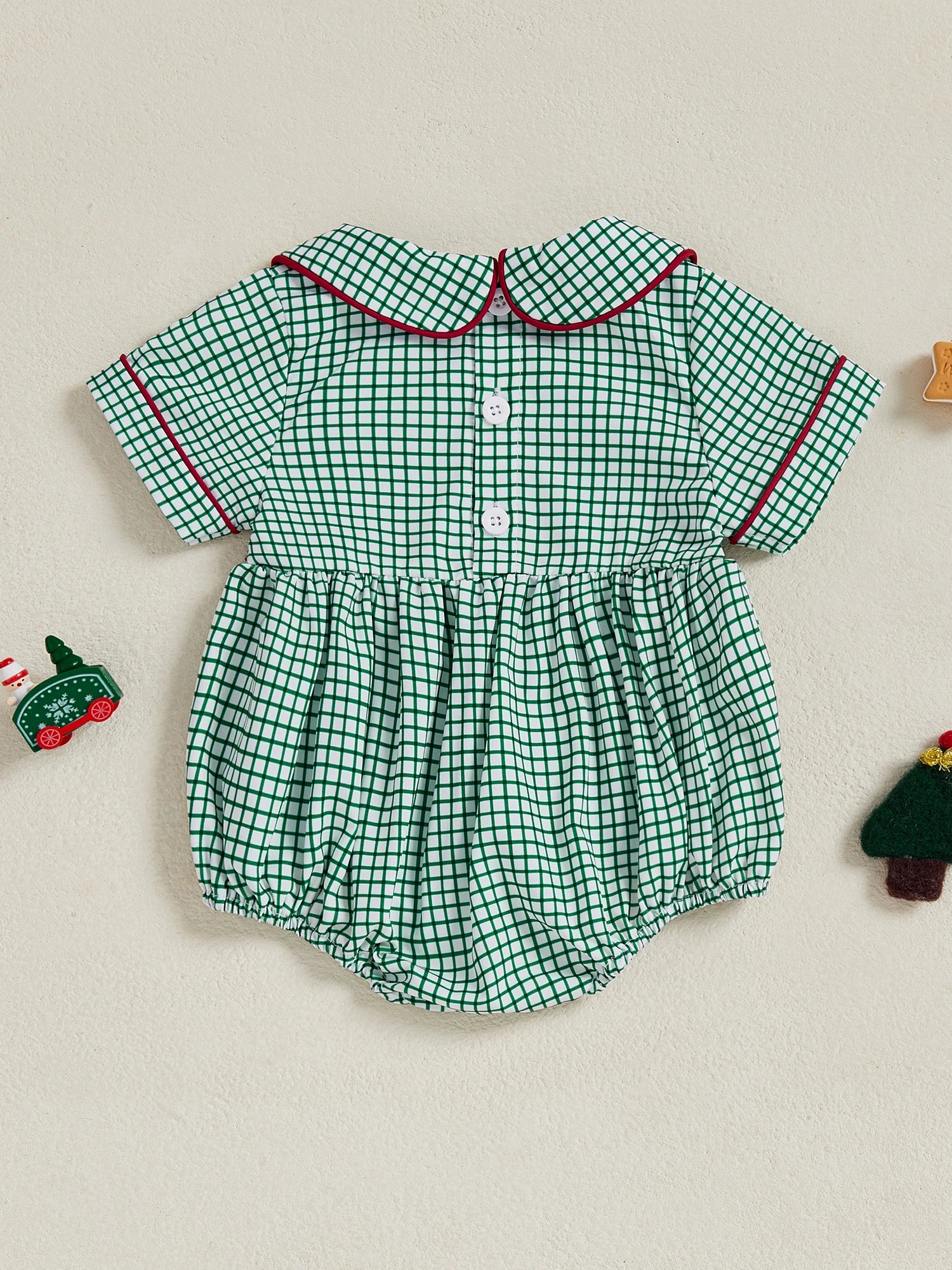 0-18M Infant Baby Girls Boys Christmas Romper Plaid Print Lamp String Embroidery Short Sleeve Doll Collar Bodysuit/Tank Jumpsuit