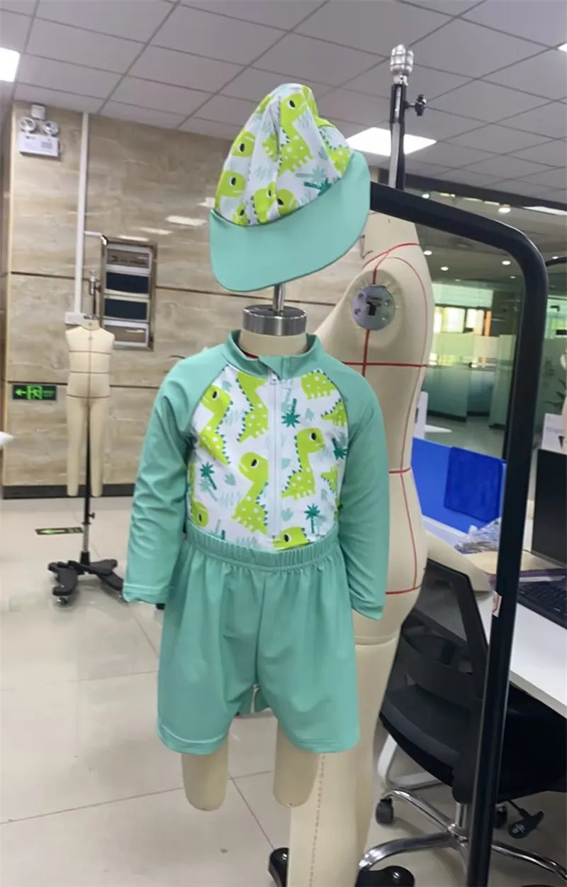 0-36months Toddler Boys Rash Guard Swimsuit Set Animal/Coconut Tree Print Long Sleeve Tops with Shorts and Swim Hat