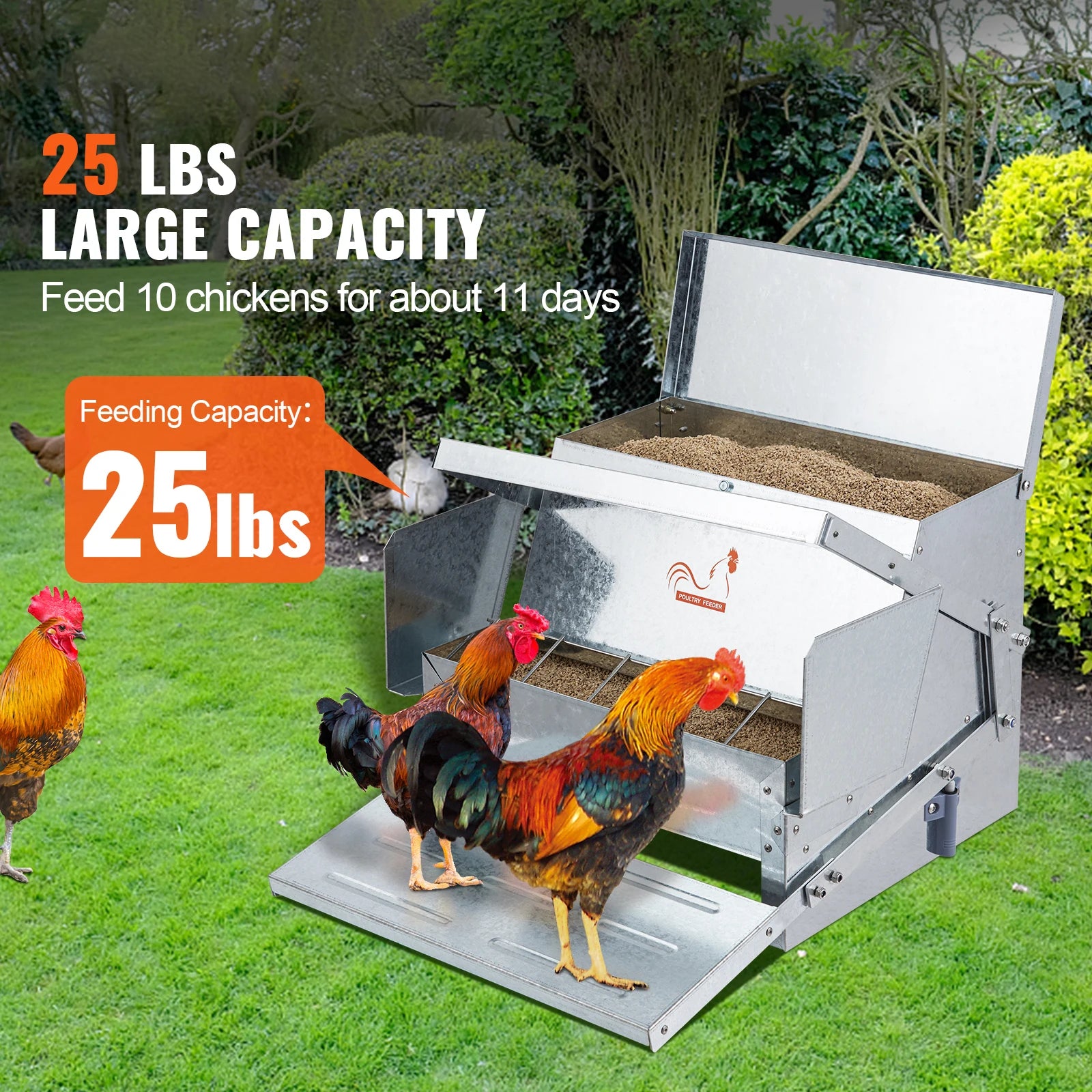 SucceBuy Automatic Chicken Feeder 25 lbs Capacity Feeds 10 Chickens up to 11 Days Galvanized Steel Poultry Feeder