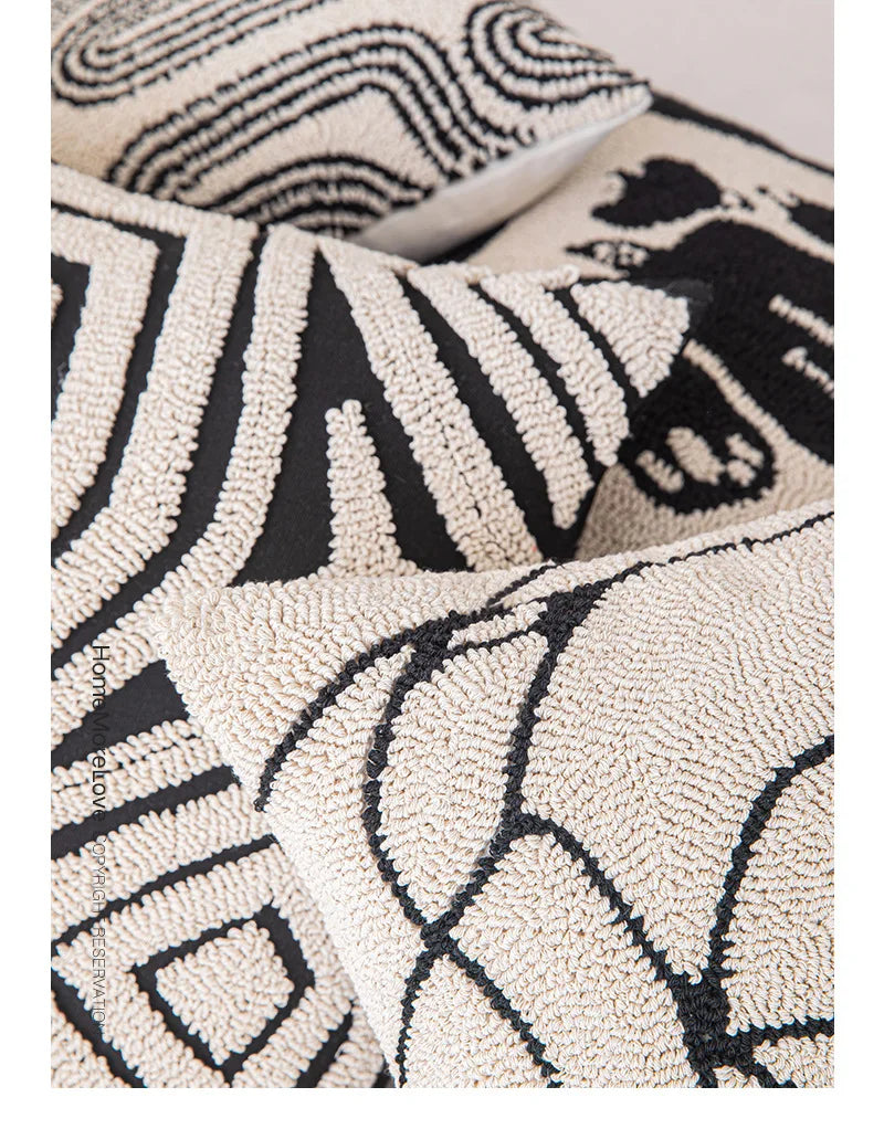 New Geometric Abstract Embroidered Cushion Cover Modern Beige Black Fully Tufted Pillowcase Home Decorative Pillows for Sofa