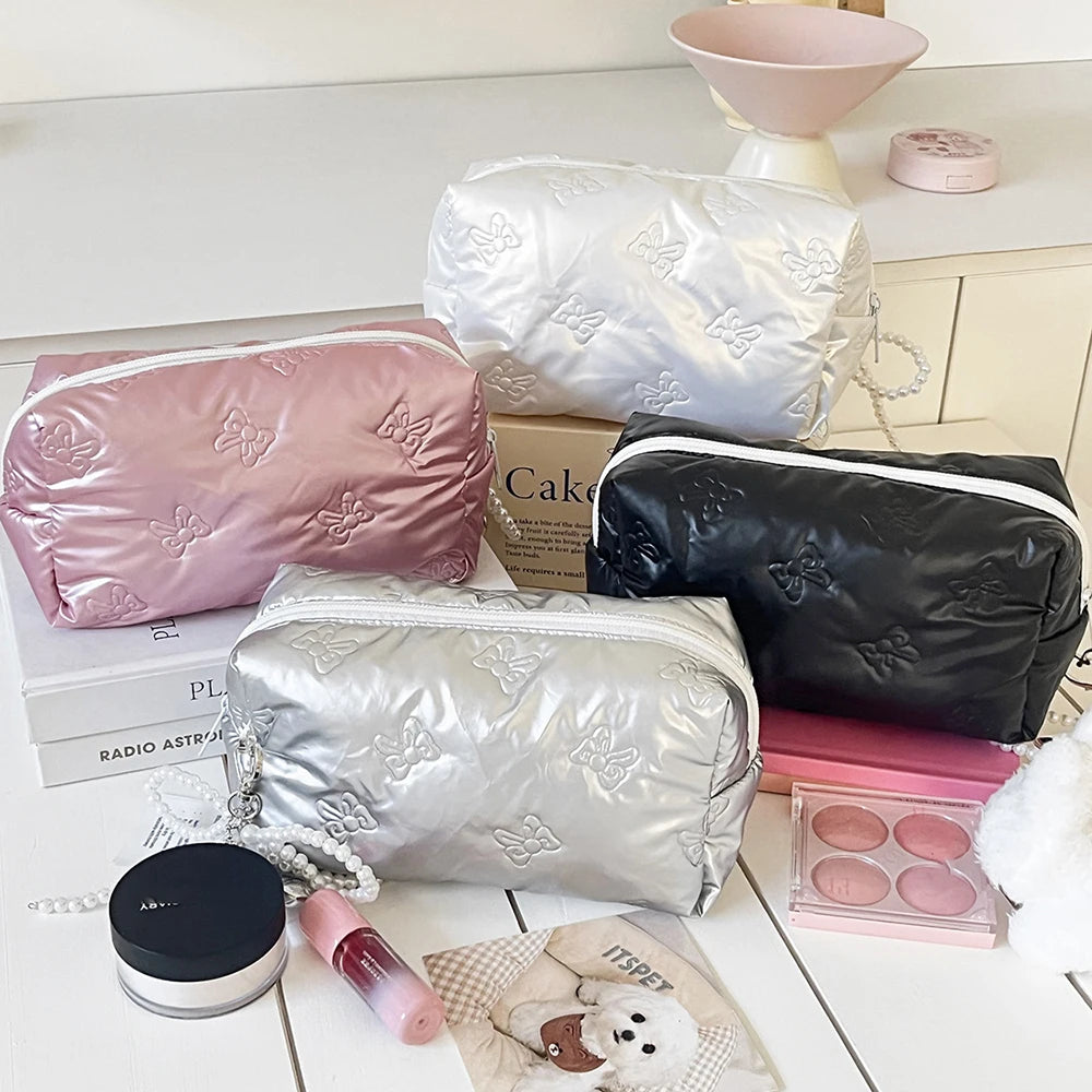 Korean Quilted Love Bow Cosmetic Bag Skincare Products Pouch Inner Pocket Multi-function Makeup Lipstick Storage Bag Handbag