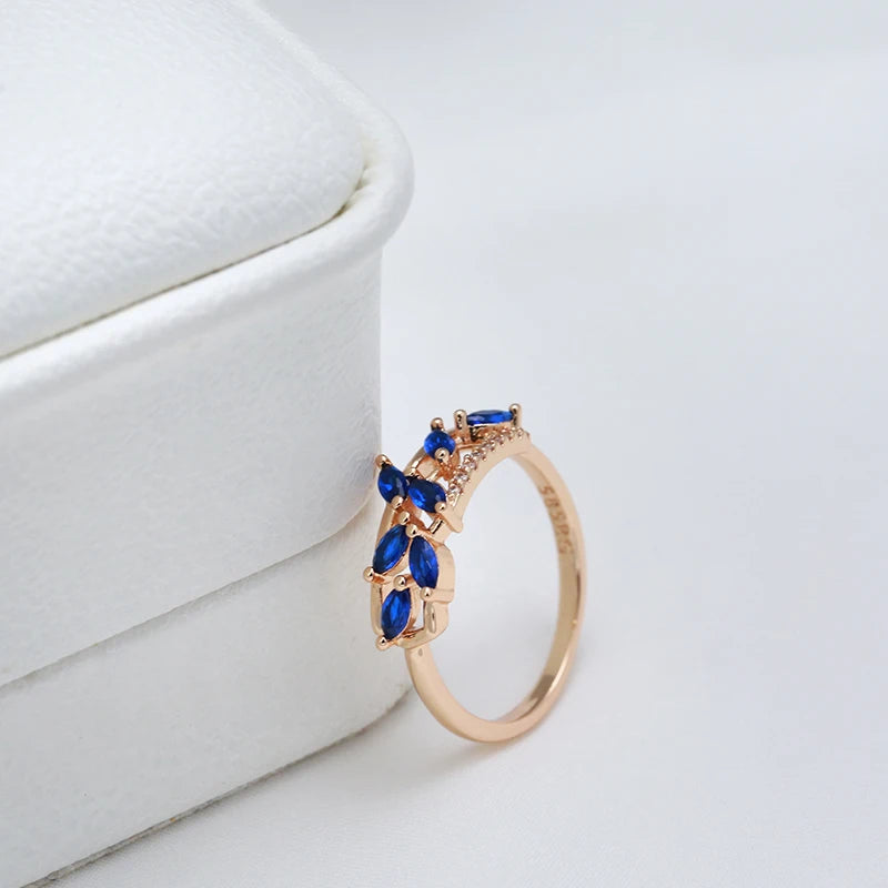 Kinel New Blue Natural Zircon Ring for Women Trendy 585 Rose Gold Leaf Ring Romantic Vintage Wedding Jewelry Fashion 2022