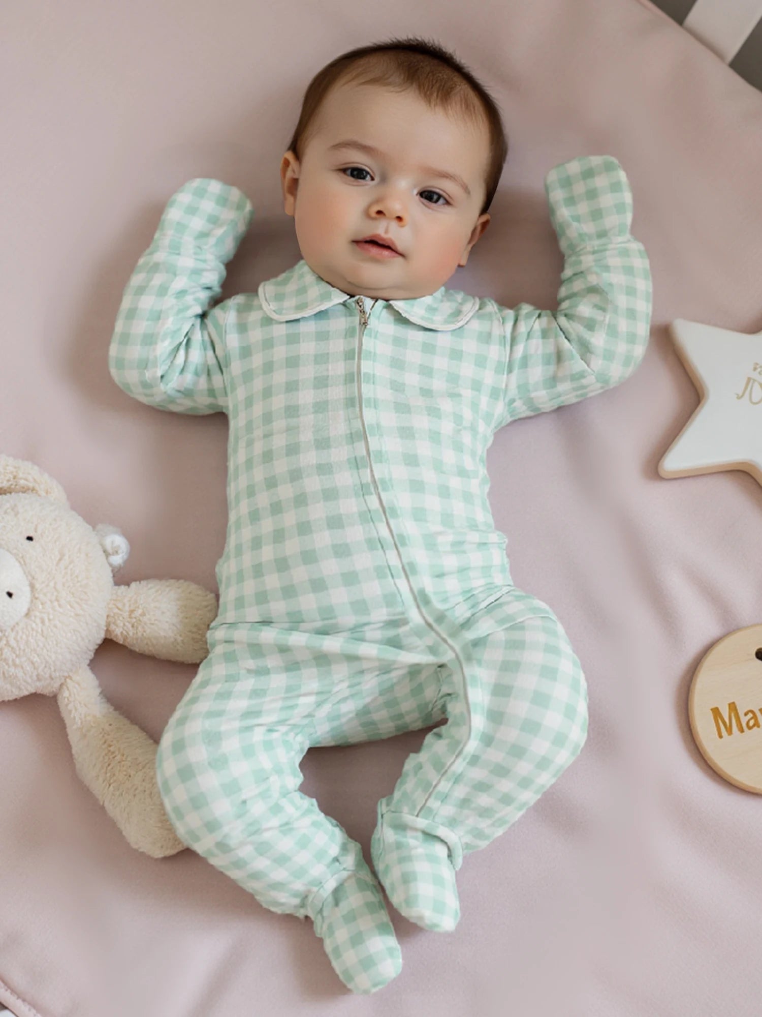 Pudcoco Infant Newborn Baby Fall Romper Plaid Print Doll Collar Long Sleeve Zip Up Footed Jumpsuit 0-6M