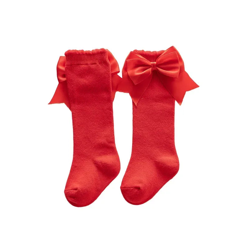 0-24months Infant Girl Below Knee Socks Solid Color Bow Decor Stockings For Girls Infant Breathable Socks