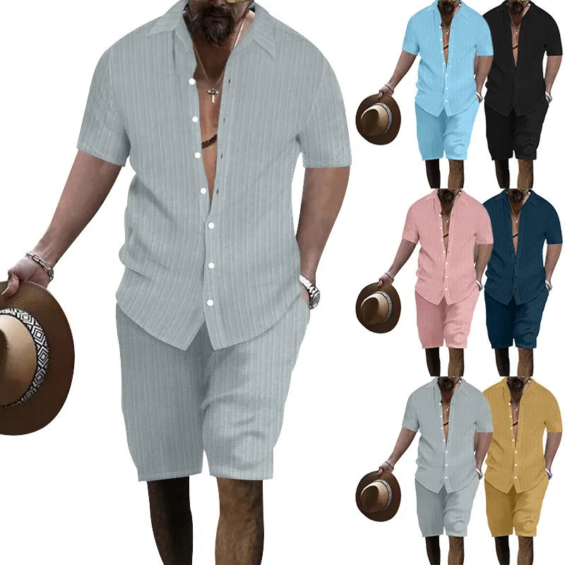 Summer European and American Style Men's Clothing Short Sleeve Cardigan Suit Men's Casual Loose Short Sleeves Shorts Beach Suit