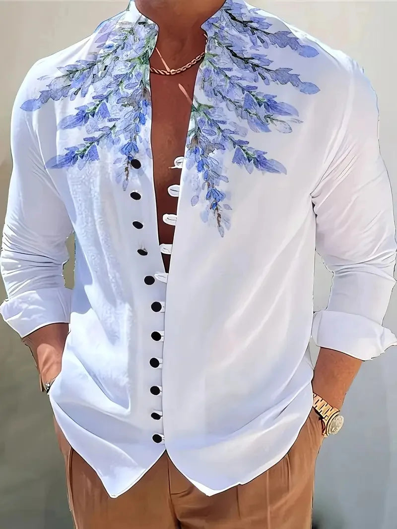 Fashionable Men's Long Sleeve Shirt 3D Half Color Flower Print Men's Casual Button Long Sleeve Shirt Top