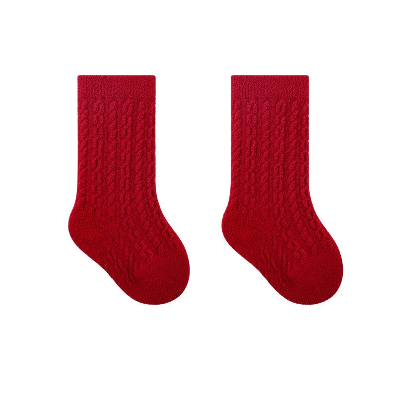Red New Year Socks Newborn Baby Kids Soft Solid Thickened Velvet Toddler Mid Socks Girls Infant Boys Cute Boneless Socks 0-12Y