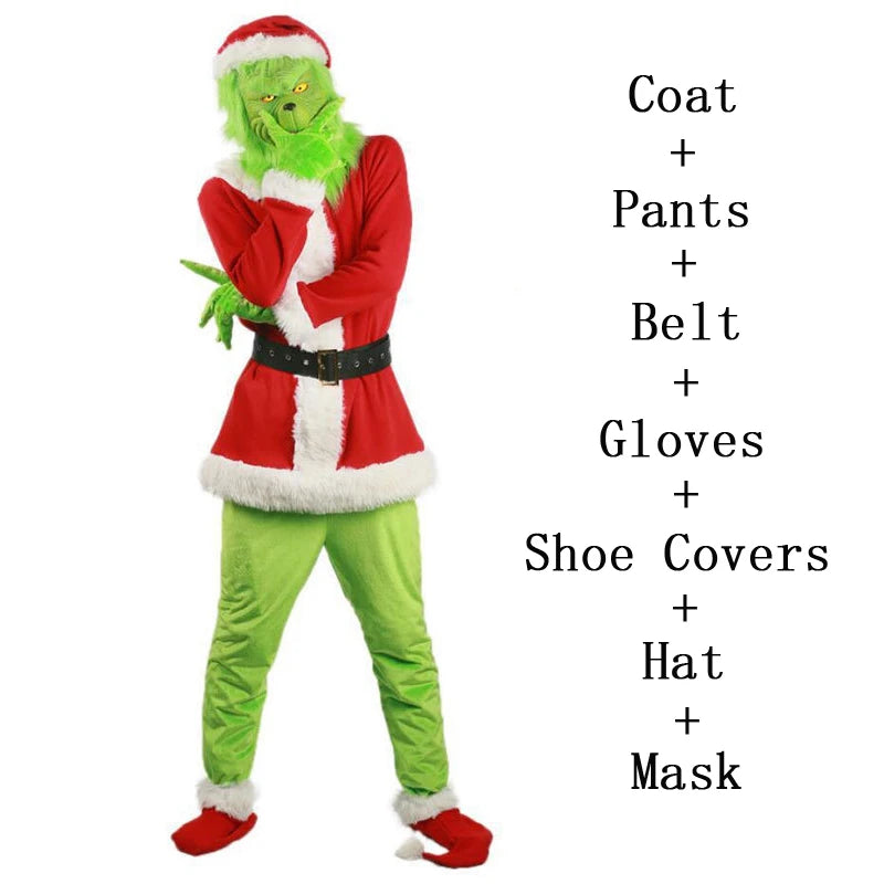 Grinch Christmas Costume for Adults Green Fleece Santa Suit with Red White Trim Festive Holiday Party Outfit Cosplay Full Set