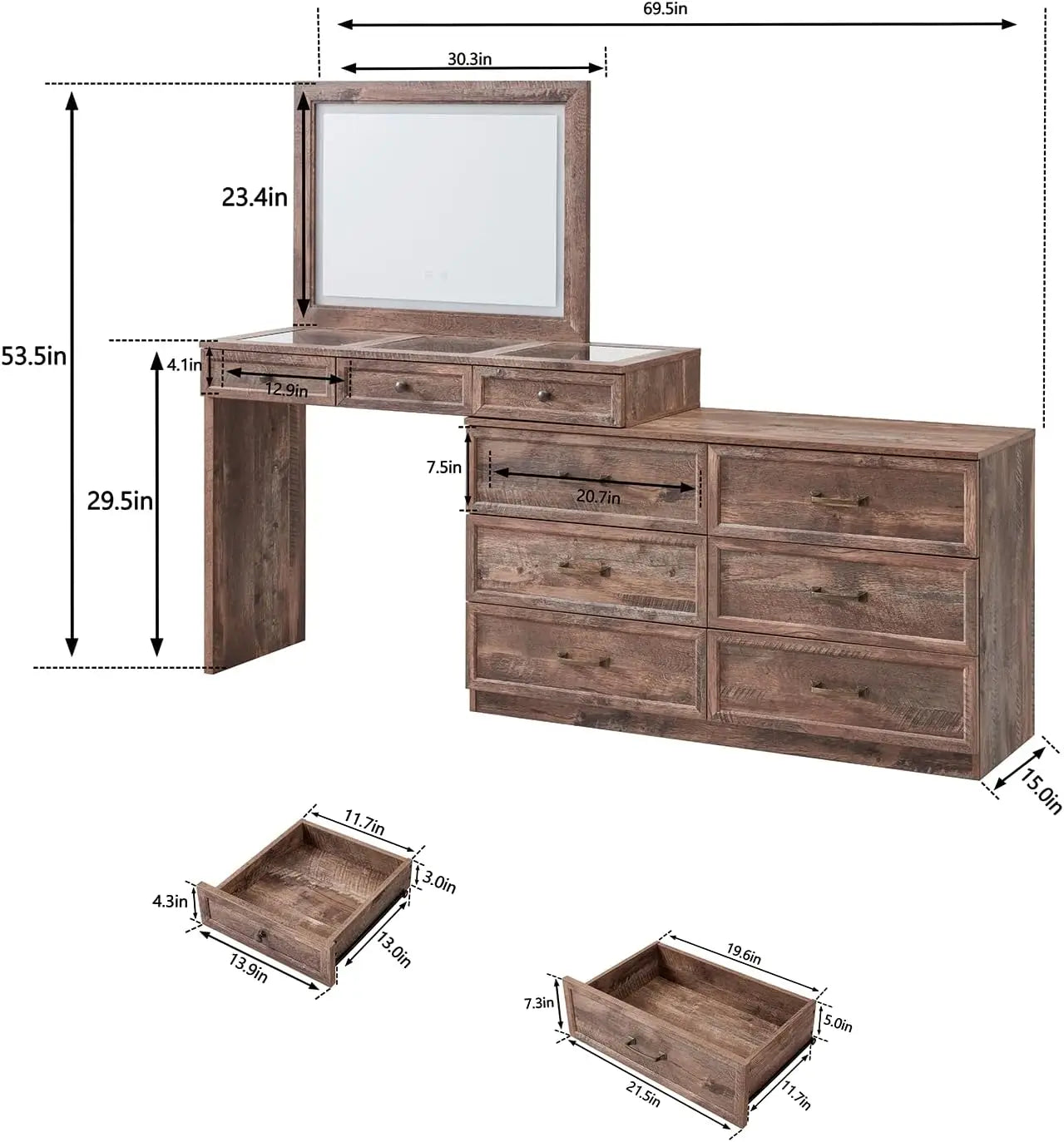 Commode de chambre en bois rustique de 69 po de largeur avec plateau en verre, 9 grands tiroirs de rangement, 3 lumières utilisables de couleur et miroir LED HD 30"