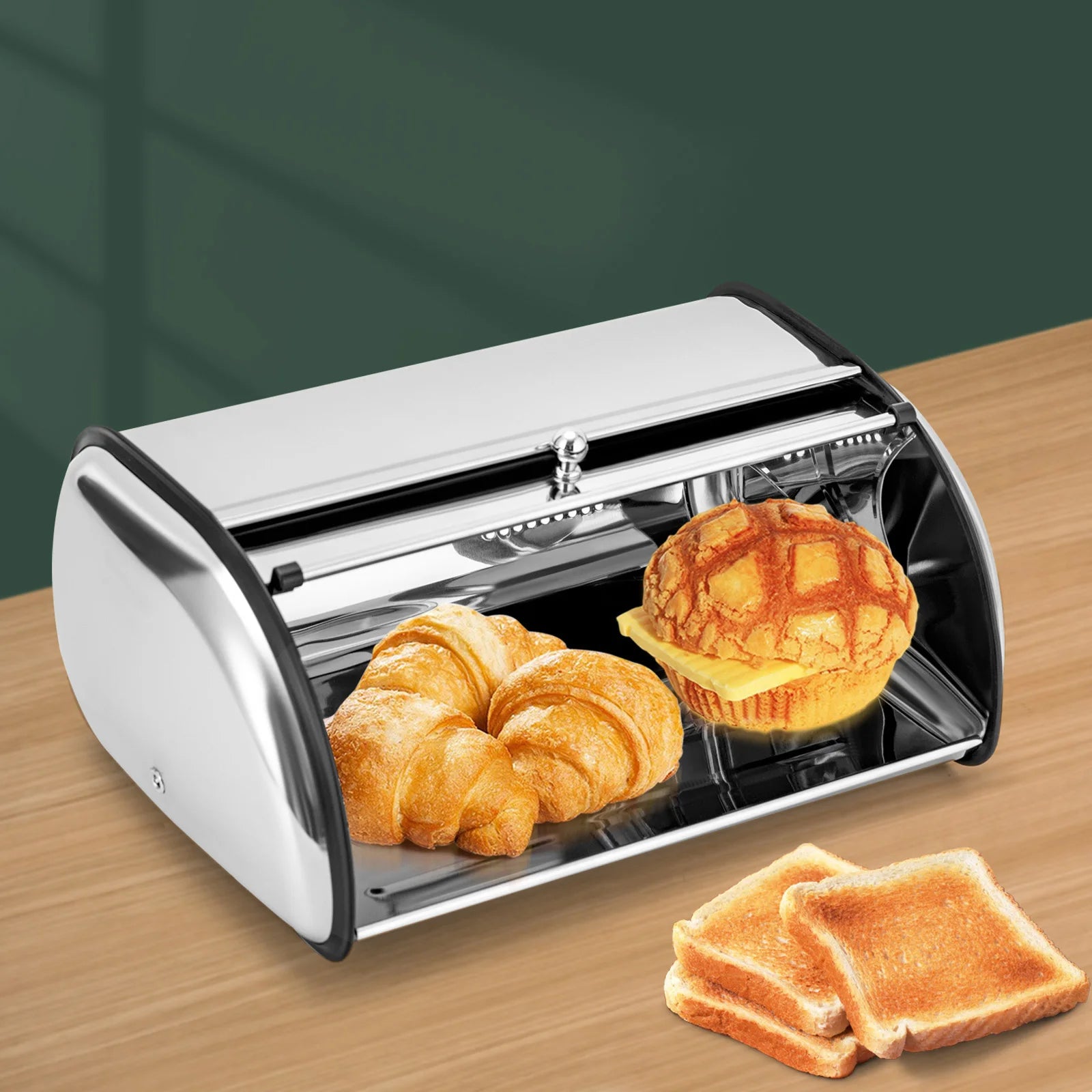Stainless Steel Bread Box, 1.32Gal Capacity, Oval Shape, Viewing Window, Keeps Bread Fresh, Easy to Clean