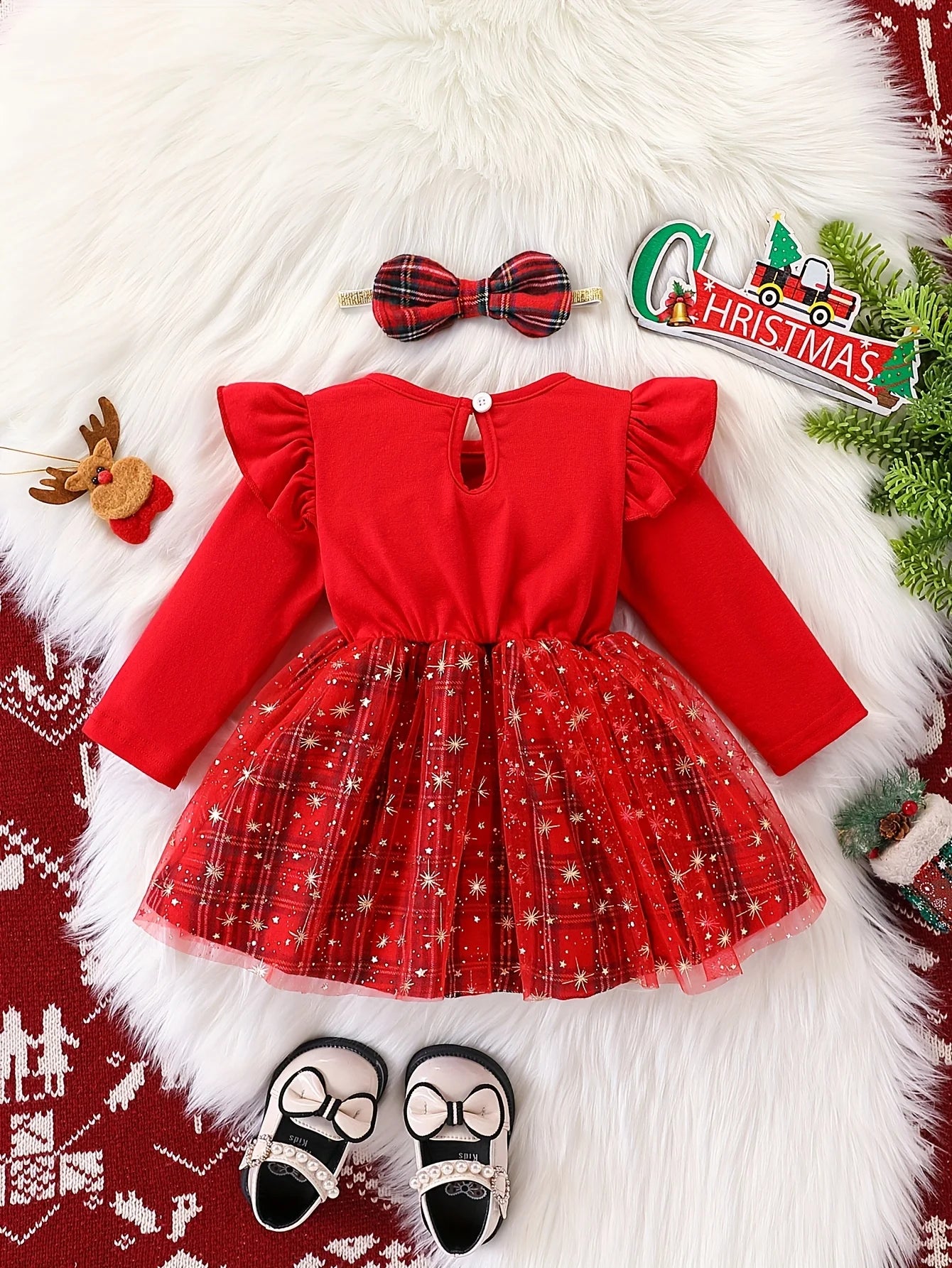 Toddler Baby Girls Christmas Dress Long Sleeve Reindeer Applique Plaid Tulle Skirt Faux Two-Piece Holiday Outfit Red