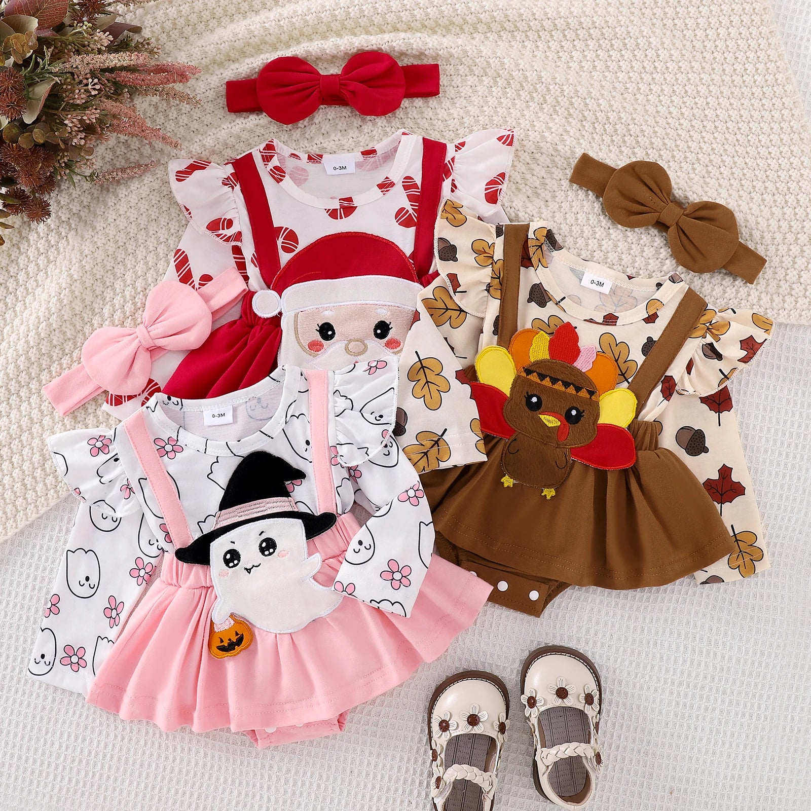 ma&baby 0-18M Christmas Newborn  Baby Girl Red Romper Long Sleeve Santa Ruffle Long Sleeve Jumpsuit Bow Headband Xmas Costumes