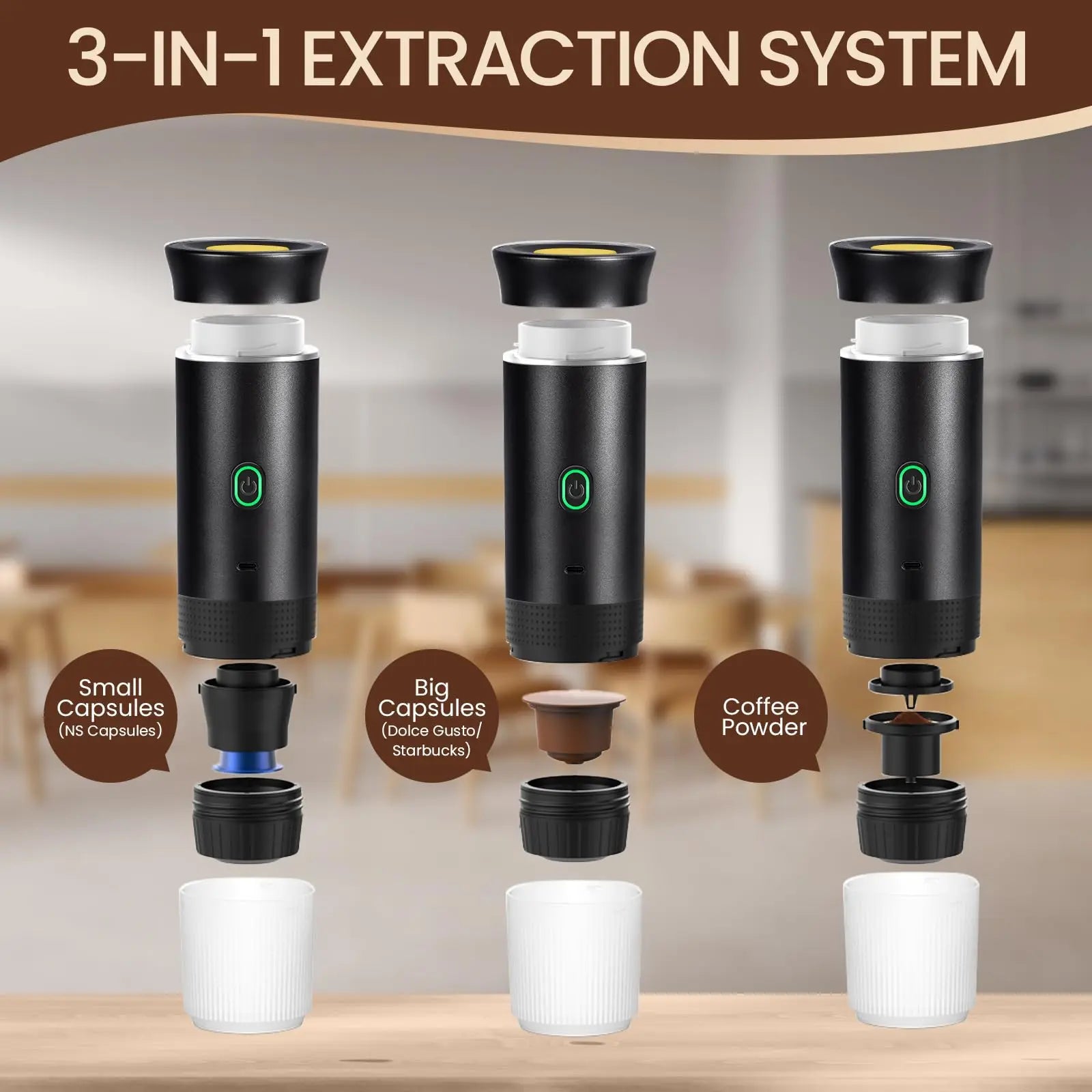 Wireless Electric Portable Espresso Coffee Machine for Car & Home Camping Coffee Maker 3-in-1 Capsule Powder Travel Coffee Maker