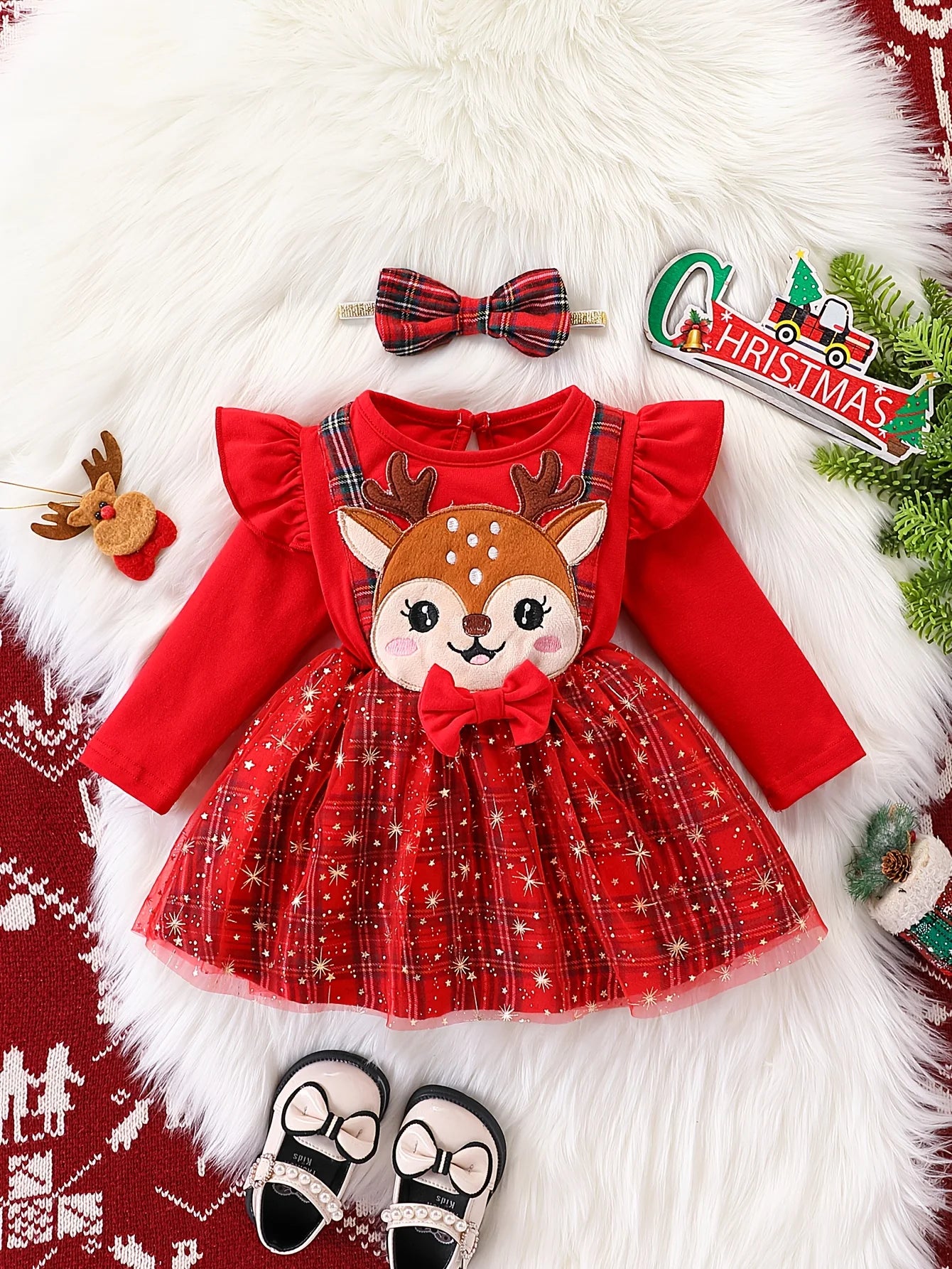 Toddler Baby Girls Christmas Dress Long Sleeve Reindeer Applique Plaid Tulle Skirt Faux Two-Piece Holiday Outfit Red