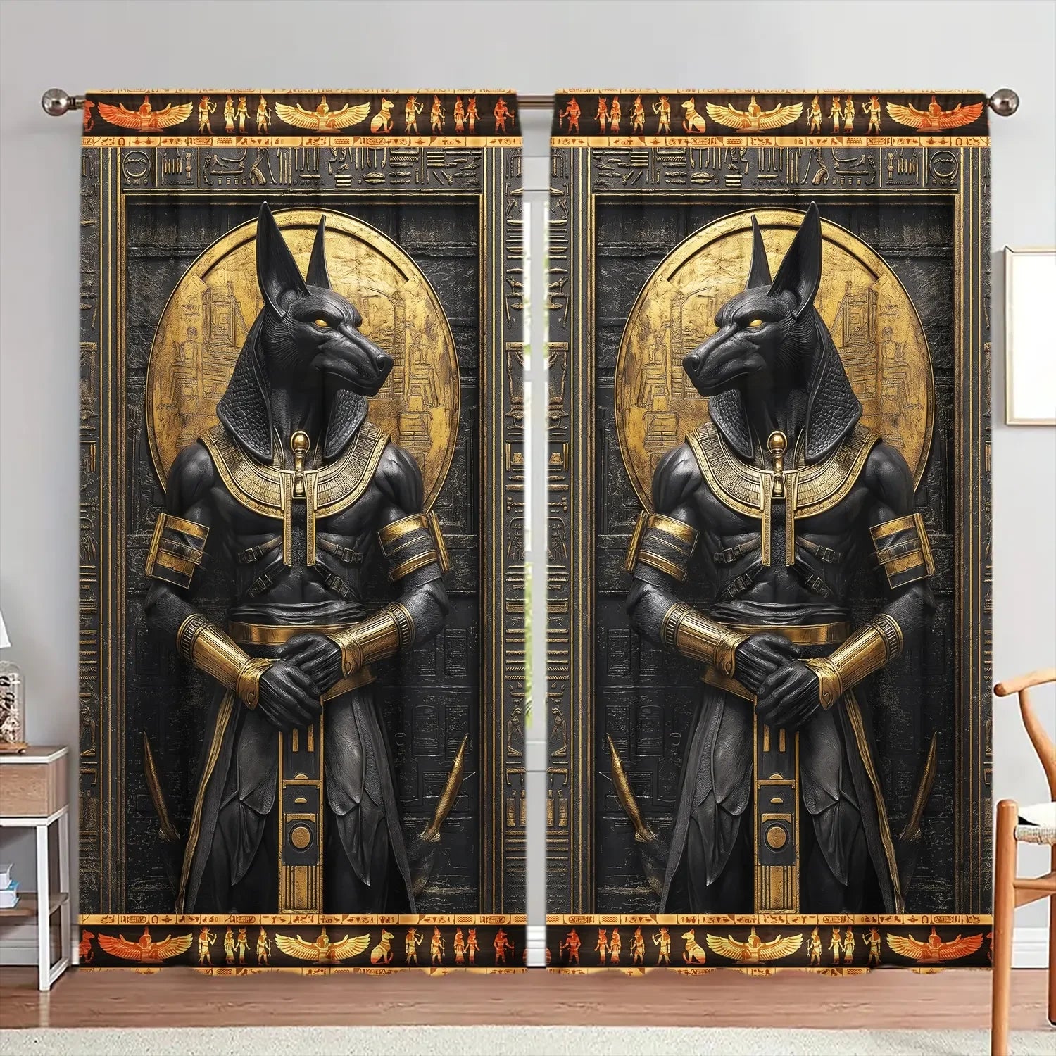 2pcs Anubis Ancient Egypt Printed Curtain - Artistic Home Decoration Curtains, All Season Decorative Curtains