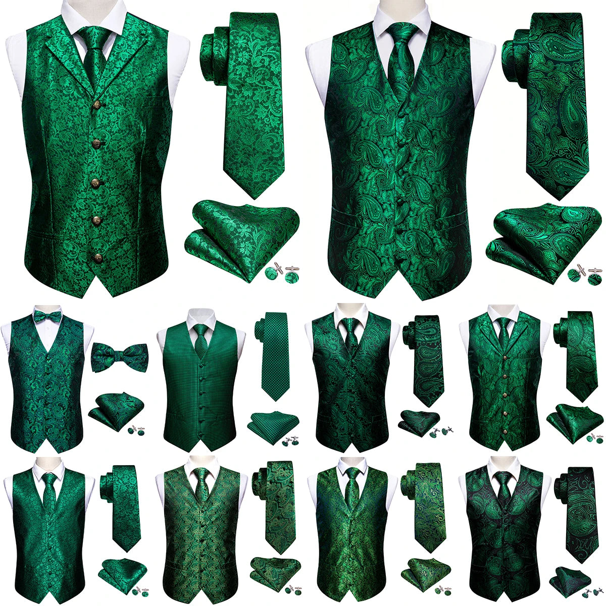 Elegant Vest for Men Silk Green Paisley Plaid Flower Slim Fit Male Suit Embroidered Waistcoat Dress Formal Jacket Barry Wang