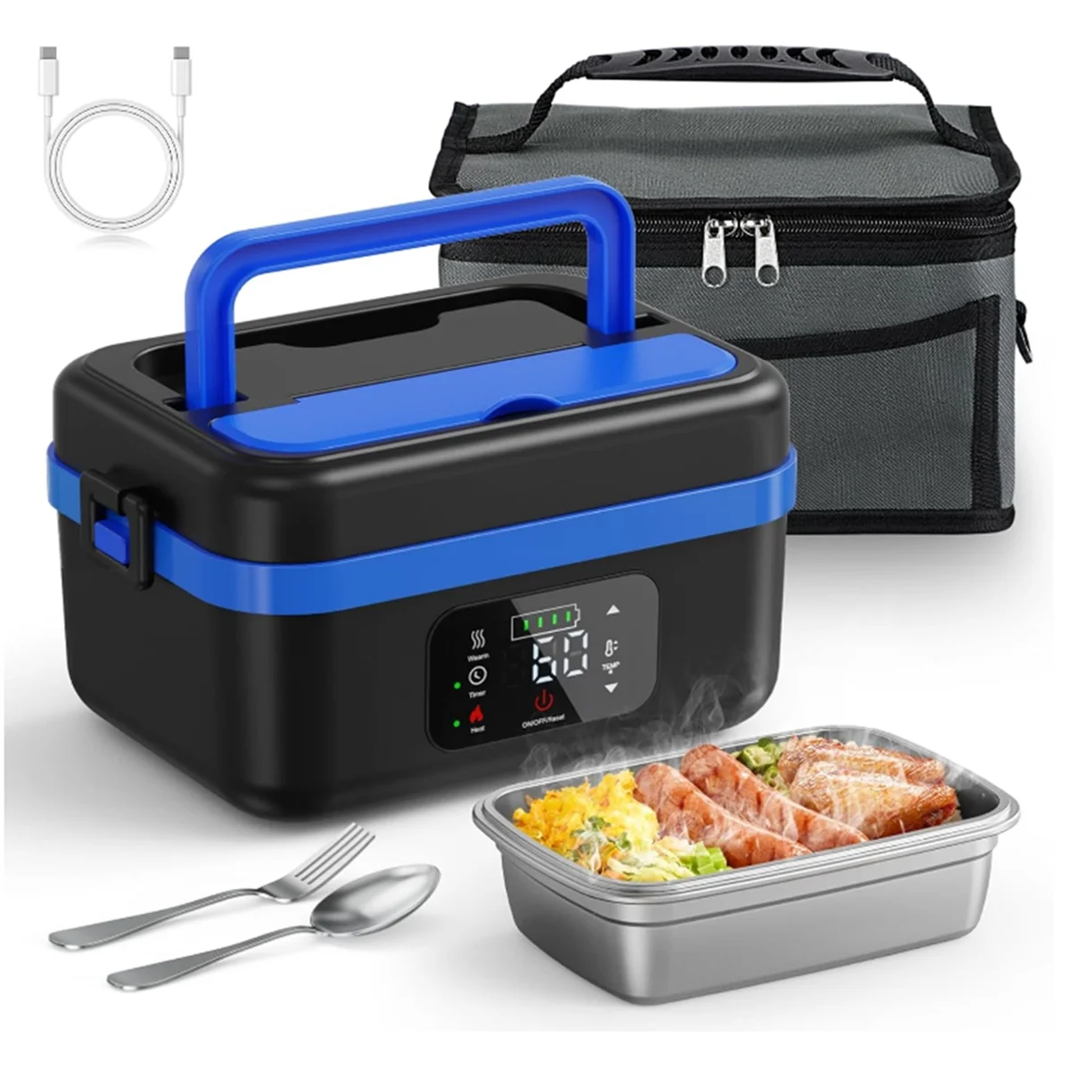 EMECE-Cordless Electric Lunch Box, Rechargeable Self-Heating Food Warmer with 8000mAh Battery,for Work/Travel/Car/Office