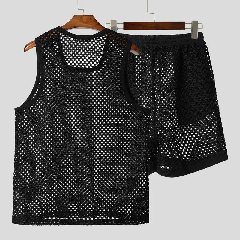 INCERUN Men Sets Solid Color Mesh Hollow Out See Through Tank Tops & Shorts 2PCS Summer Sexy Vacation Men Casual Suits 2025 5XL