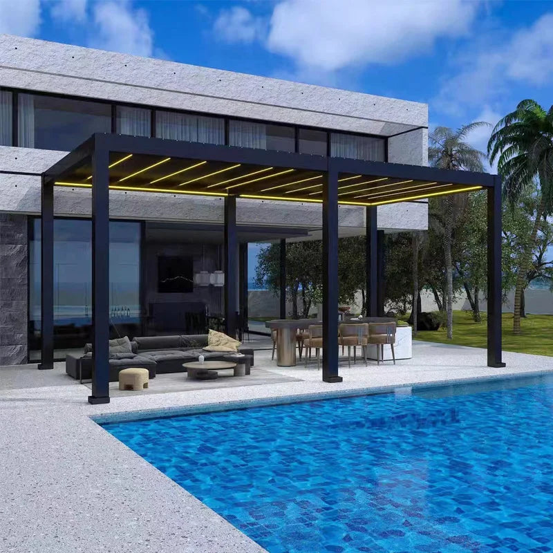 فتح آلي مقاوم للماء وأجنحة مقاومة للفتحات ومحرك كهربائي من الألومنيوم وشرفة خارجية ومظلة حديقة وشرفة خارجية