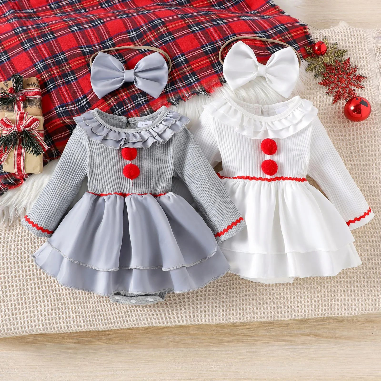 Baby Girl Halloween Creepy Clown Cosplay Costume Long Sleeve Layered Ruffled Gray Joker Dress Romper for Theme Party Photo Shoot