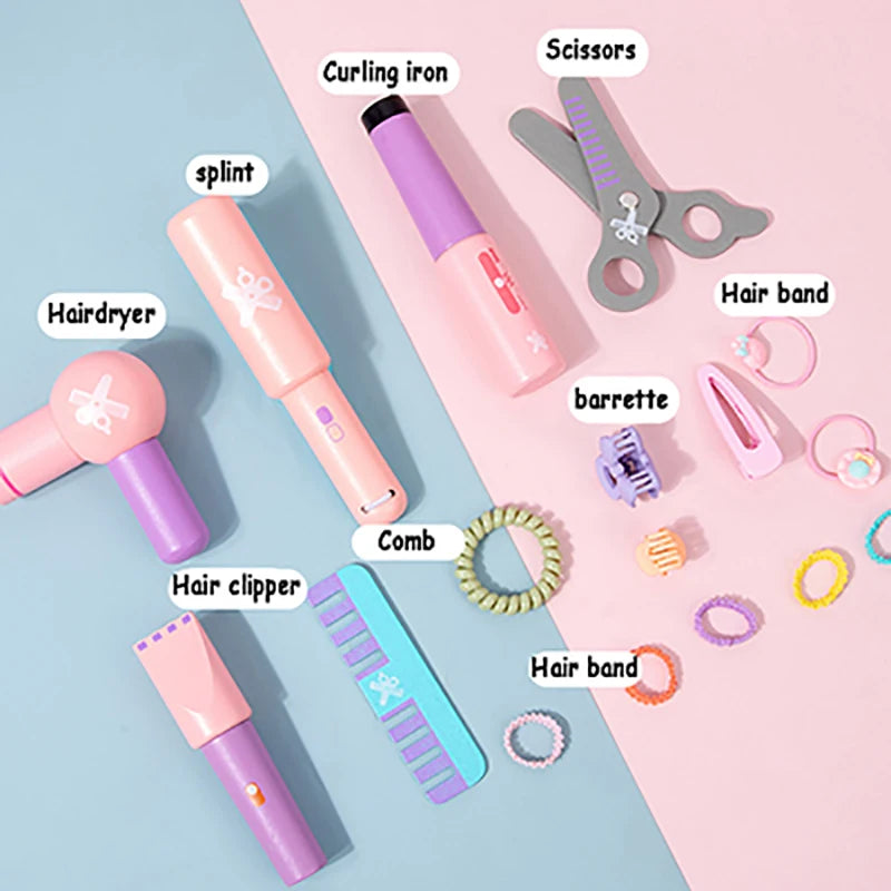 Kids Wooden Makeup Haircut Toy Beauty Fashion Salon Playset Games Combs Hair Dryer Pretend Play House Barber Makeup Kit Girl Toy