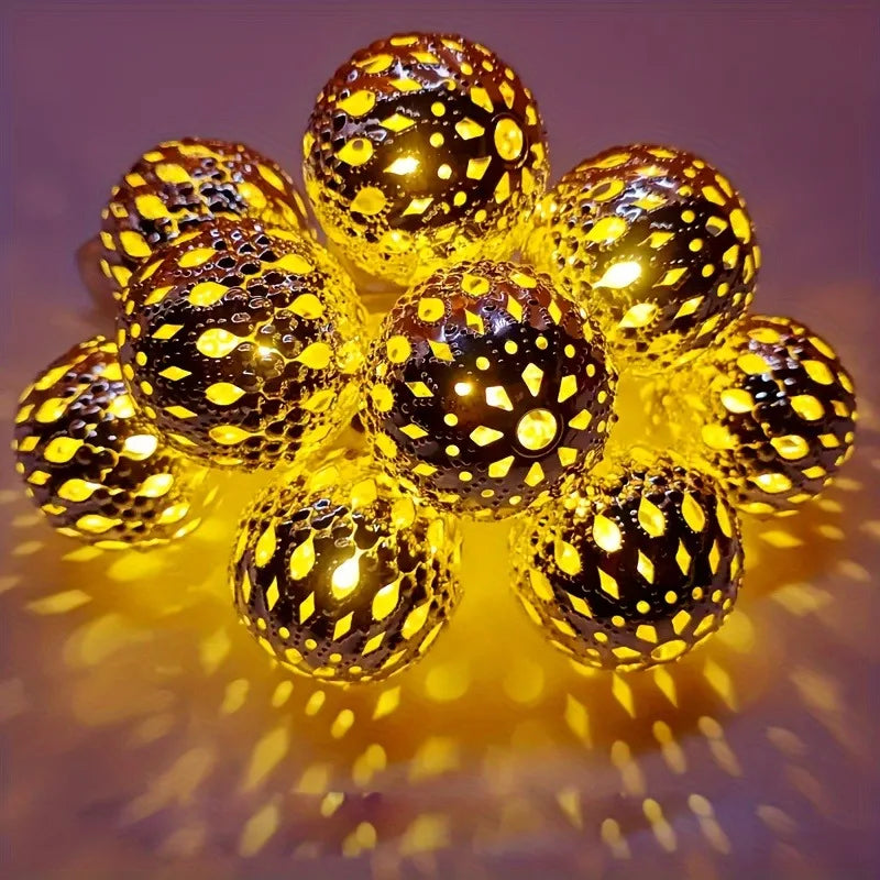 Solar Moroccan String Lights Metal Spherical Outdoor Fairy Lights for Christmas, Thanksgiving, New Year, Valentine's Day