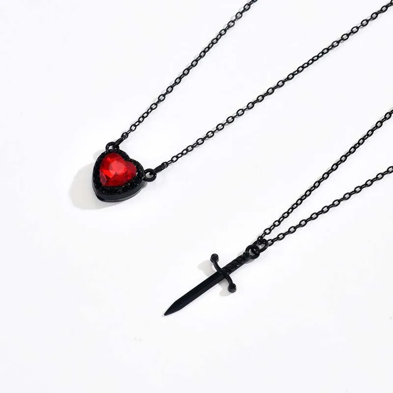 Vintage Metal Heart Sword Pendant Couple Necklace for Women Gothic Black Crystal Clavicle Chain Necklace Jewelry Accessories