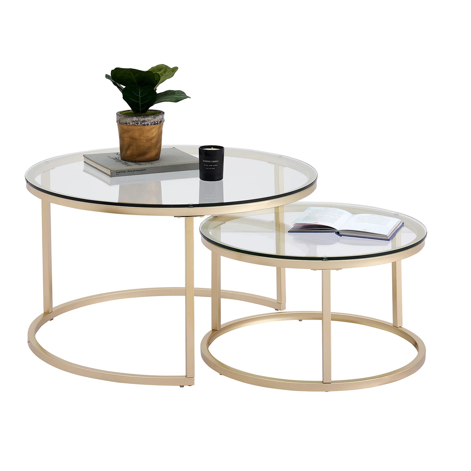 EGOONM 2 en 1 Table basse en fer mode petit appartement salon Table basse verre trempé rond canapé Table basse d'appoint