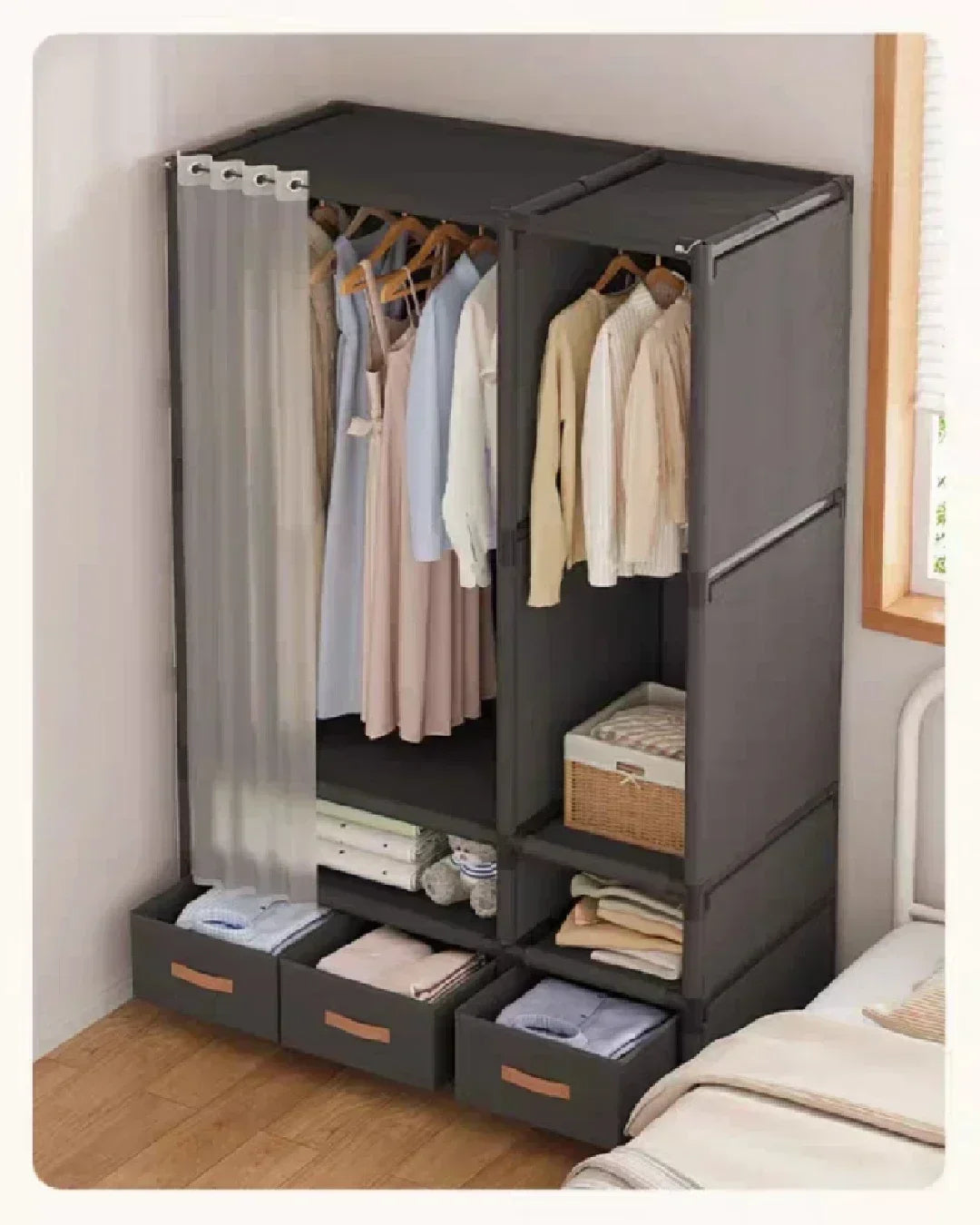 Armoire pour usage domestique, chambre à coucher, armoire en tissu simple et de grande capacité, robuste et durable, rangement anti-poussière, support organisateur de garde-robe