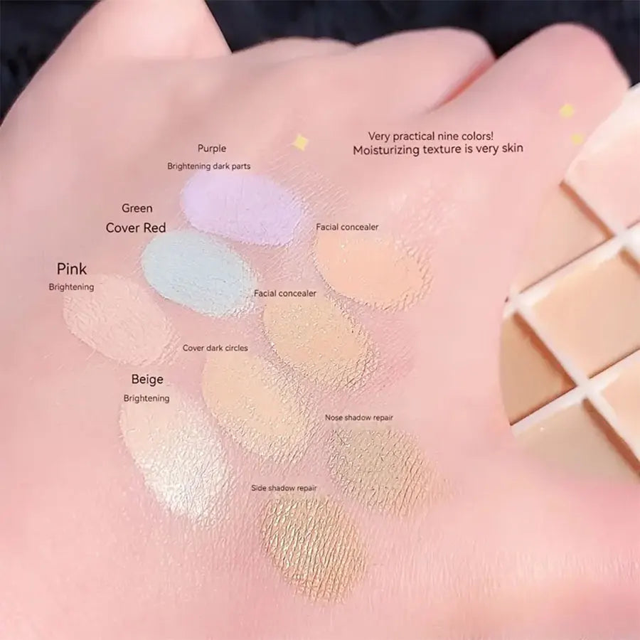 Palette de correcteurs  de 9 couleurs - Imperméable, résistant à la transpiration, couverture complète - Corrige les taches, l’acné, les cernes