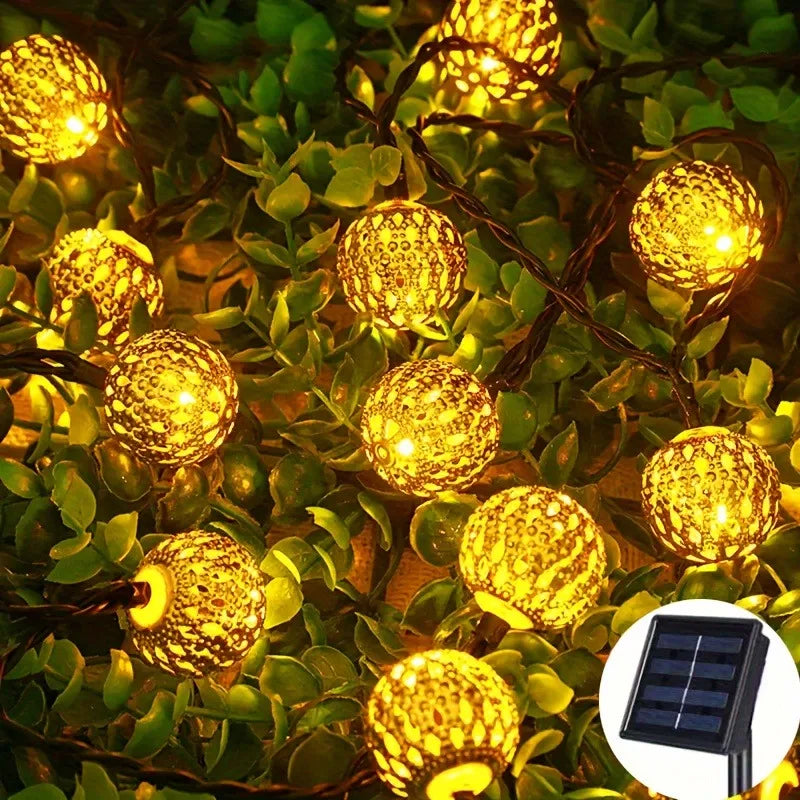 Solar Moroccan String Lights Metal Spherical Outdoor Fairy Lights for Christmas, Thanksgiving, New Year, Valentine's Day