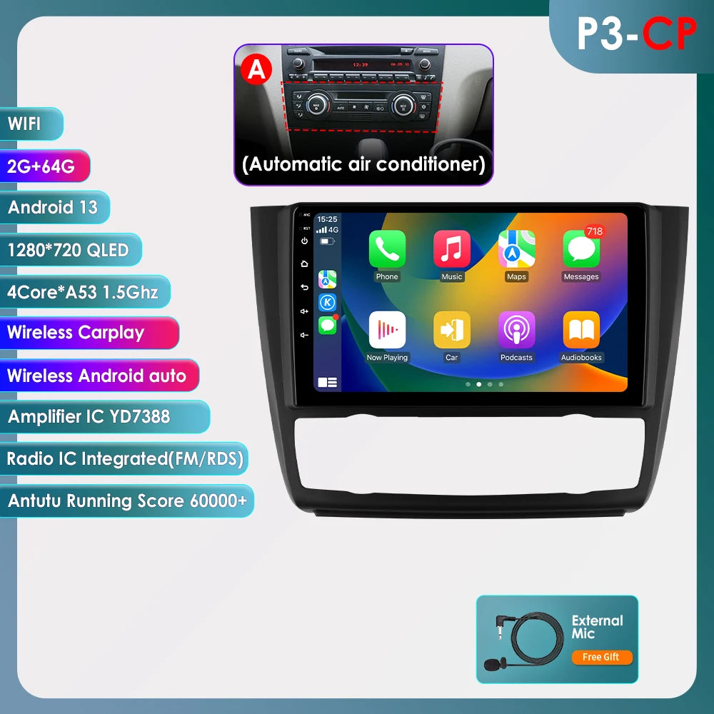 Hizpo 9inch 2Din Android13 Car Radio for BMW 1 Series E81 E82 E87 E88 AT MT Navigation GPS RDS DSP Android Auto CarPlay 360° CAM