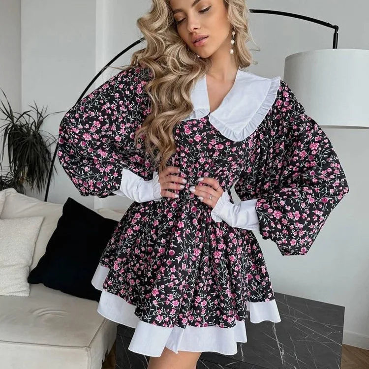Tossy Ruffled Fashion Printed Mini Dress For Women V-Neck Patchwork Contrast Slim Long Sleeve Party Dress Female Bodycon Dress