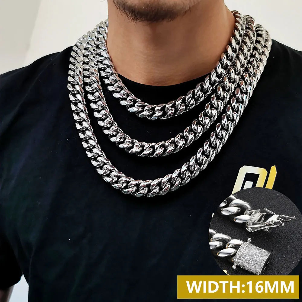 6-16mm Iced Clasp Cuban Link Chain Miami Stainless Steel Necklace Hip Hop Jewelry Gift for Men Women