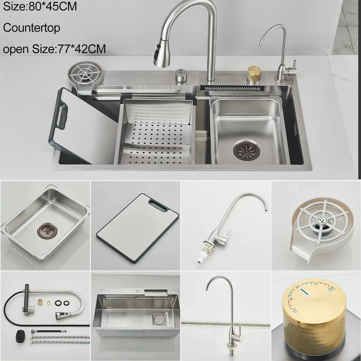 304 Stainless Steel Waterfall Kitchen Sink Large Single Slot Integrated 80X45cm Faucet Set Soap Dispenser Pure Water Tap