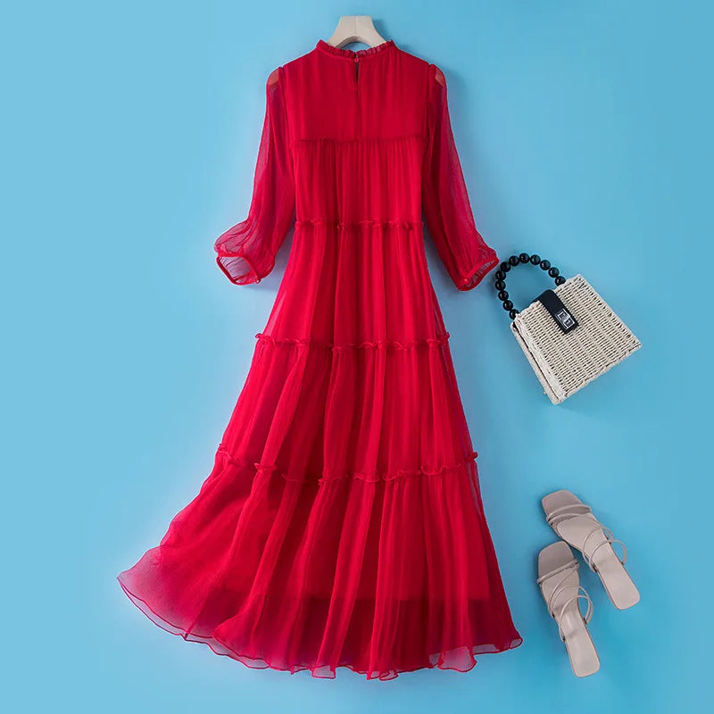 Winsleter, 100%Real Silk Elegant Dresses, Women Half Sleeve ONeck Ruched, Beach Vacation OL Dress, 2024 Summer Autumn D46910QM