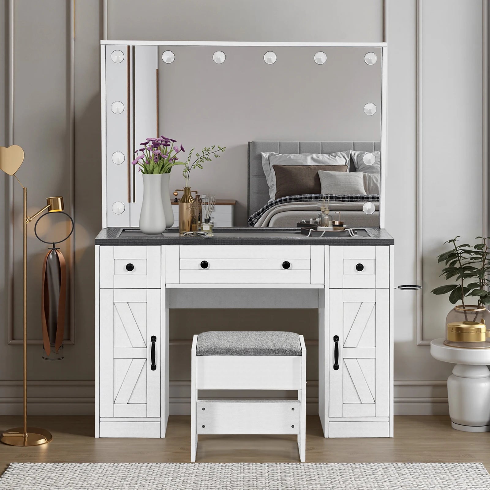 Bureau de maquillage de ferme avec miroir éclairé, bureau de maquillage Hollywood avec 3 tiroirs et 2 armoires, coiffeuse de 43 pouces, tabouret inclus