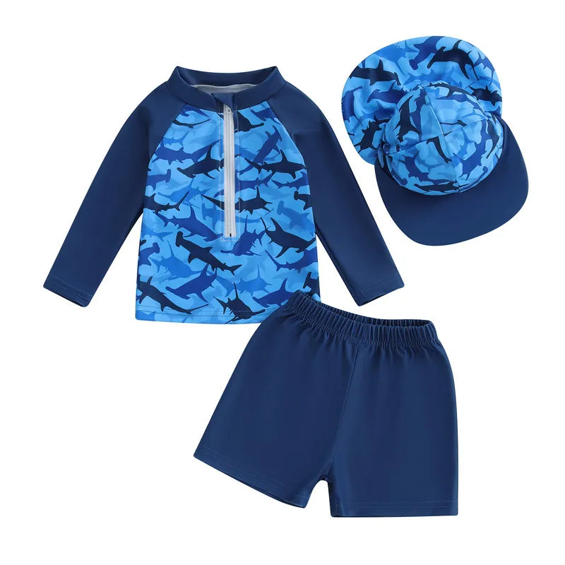 0-36months Toddler Boys Rash Guard Swimsuit Set Animal/Coconut Tree Print Long Sleeve Tops with Shorts and Swim Hat