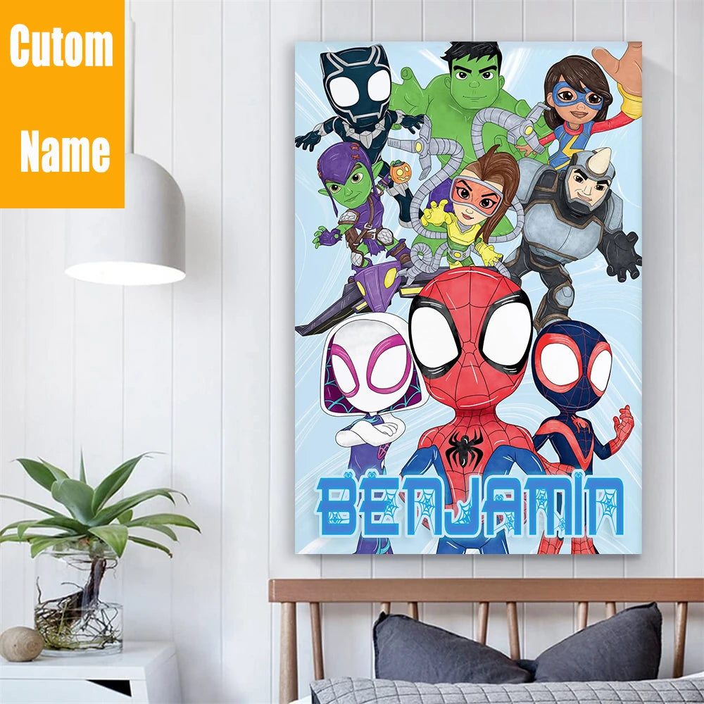 Custom Name Colorful Spidey & Friends Print Kids Boys Playroom Poster Decor Superhero Nursery Wall Art Home Decor