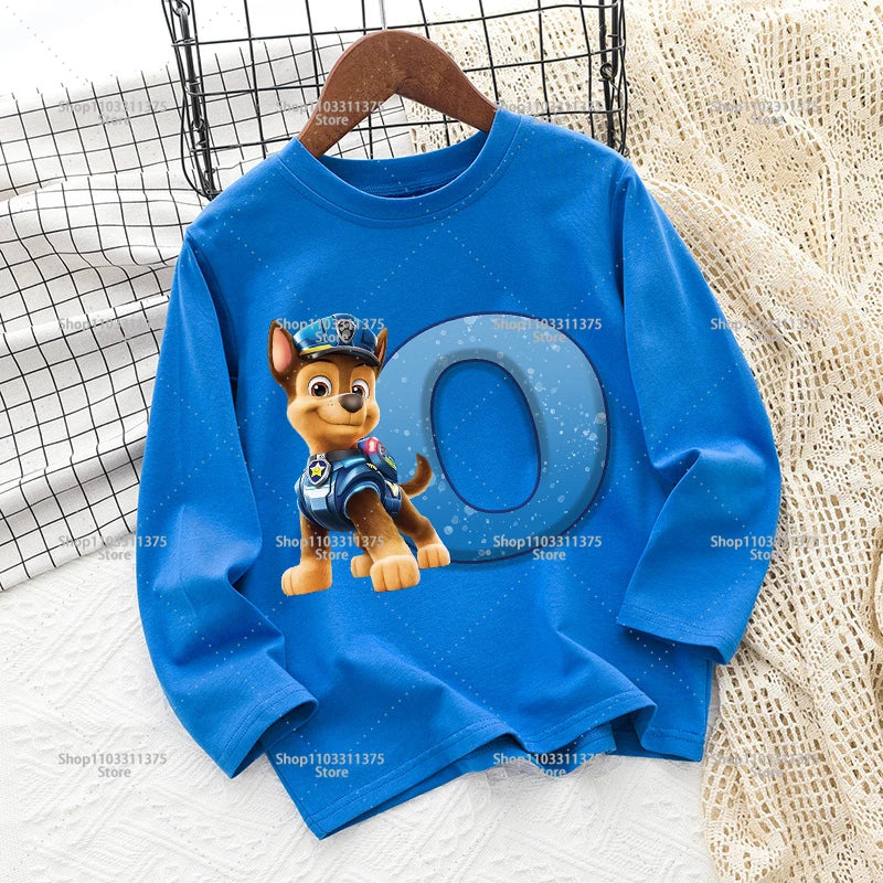 Cute PAW Patrol T-shirt Letter A-Z Print Top Long Sleeve Fashion Summer Boys Clothes Cartoon Kids Birthday Gift Outdoor Wear Tee