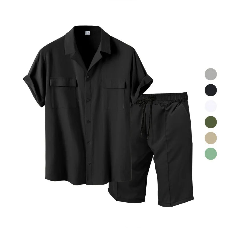 Casual Fashion Men's Suit Summer Beach Style Solid Color Men's Shirt Short Sleeve and Shorts Two-Piece Set Men's Clothing