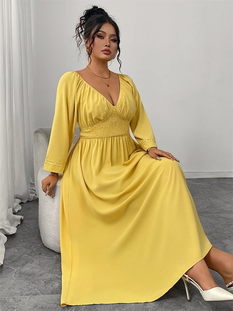 GIBSIE Plus Size Deep V-neck Sexy Long Dress Women Autumn 2025 New Solid Party Elegant High Waist Elastic A-Line Dresses