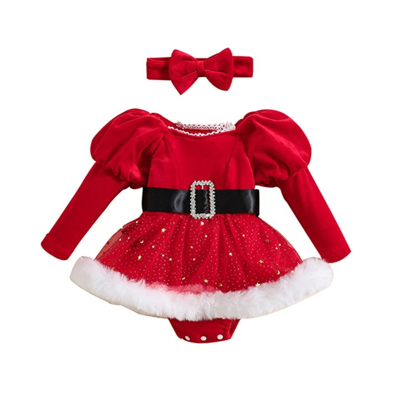 Baby Girls Rompers Dress Christmas Clothes Patchwork Sequins Stars Moon Skirt Hem Long Sleeve Toddler Bodysuits with Headband