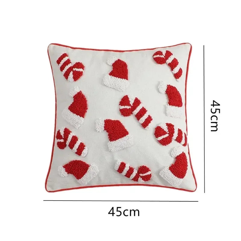 1/2 PCS Christmas Plush Pillowcase 3D Santa Hat Cane Pattern Hidden Zipper Closure Pillowcase New Year Party Decoration