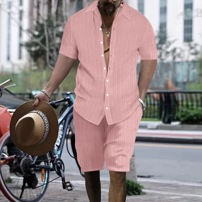 Summer European and American Style Men's Clothing Short Sleeve Cardigan Suit Men's Casual Loose Short Sleeves Shorts Beach Suit